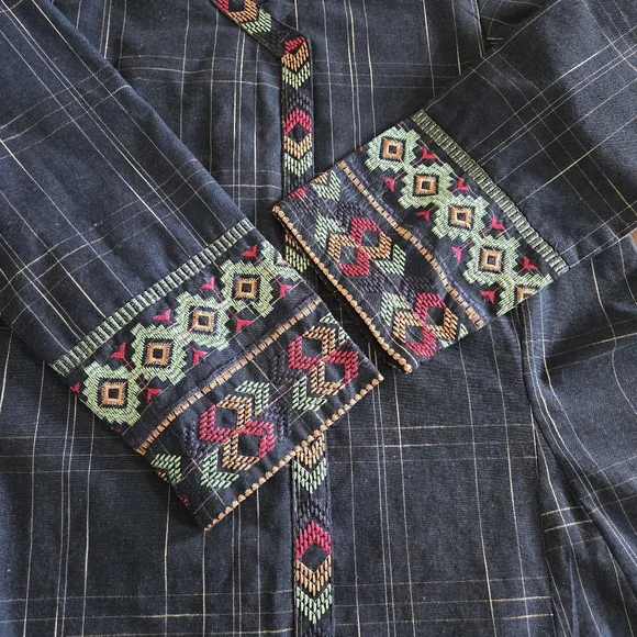 Embroidered Cotton Linen Fabric Denim Blue V Neck Top Size 12 Medium - Picture 3 of 6